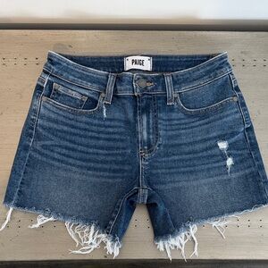 PAIGE Dark Blue Frayed Hem Jean Shorts